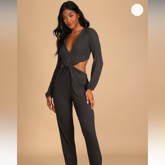 Lulus Pants - LULUS CHARCOAL GRAY “LOUNGE TIME” RIBBED KNIT LONG SLEEVE JUMPSUIT SIZE XS